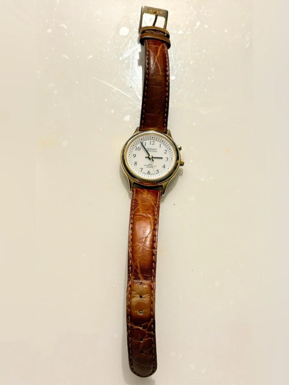 SHARP Opti-Glo Quartz 100ft WR Gold Tone SS Brown Leather White Dial Watch